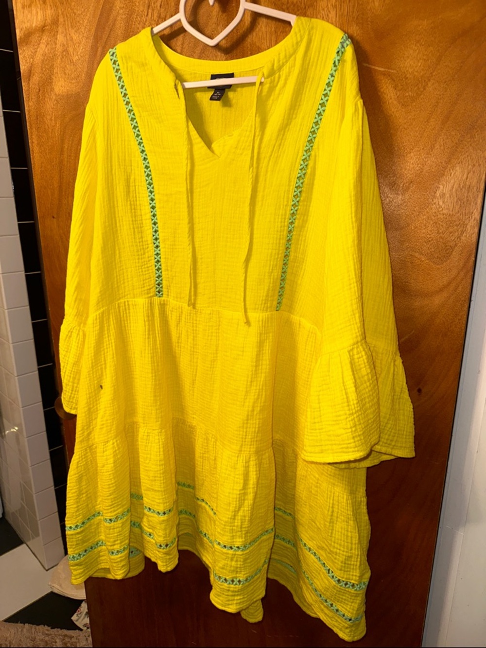 Women's Long Sleeve Tiered Tunic Dress in Bright Yellow with Green Trim